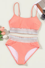 Peach Blossom Striped Patchwork Spaghetti Strap High Waist Bikini Swimsuit High Waisted Swimsuit JT's Designer Fashion