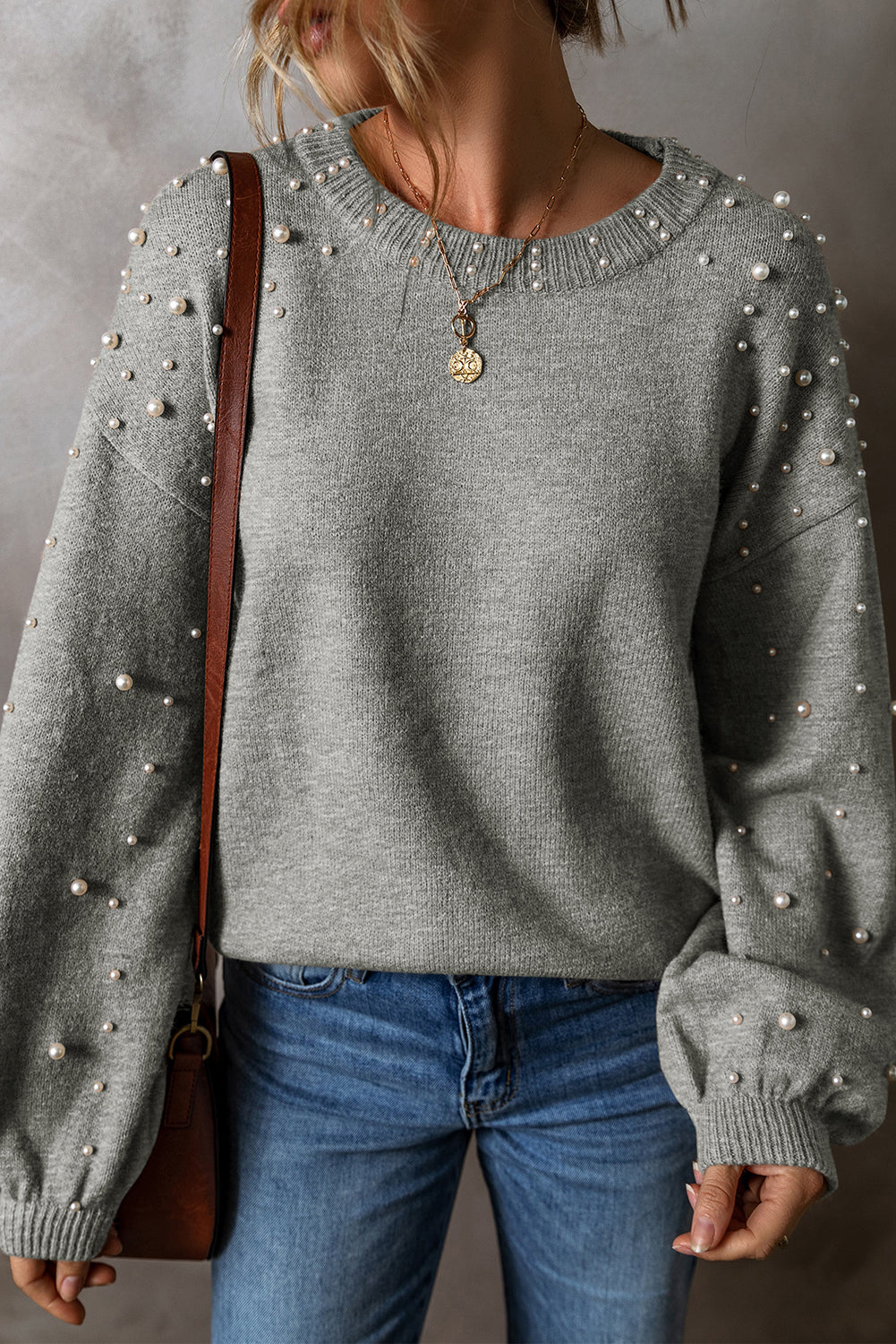 Light Grey Pearled Drop Shoulder Round Neck Sweater Sweaters JT's Designer Fashion