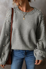 Light Grey Pearled Drop Shoulder Round Neck Sweater Sweaters JT's Designer Fashion