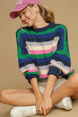 Bright Green Rainbow Striped Crew Neck Drop Shoulder Sweater Sweaters JT's Designer Fashion