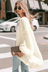 White Chunky Oversize Knit Drop Shoulder Puff Sleeve Cardigan Cardigans JT's Designer Fashion