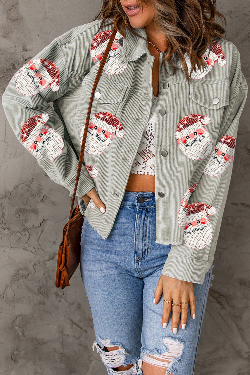 Sky Blue Sequined Santa Claus Flap Pocket Corduroy Jacket Jackets JT's Designer Fashion