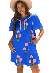 Blue Floral Short Sleeve Split Neck Loose Mini Dress Floral Dresses JT's Designer Fashion