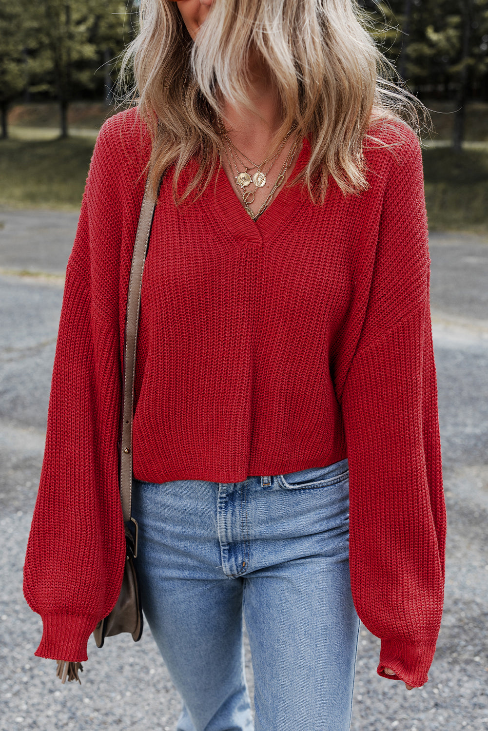 Racing Red Solid Textured Knit V Neck Drop Shoulder Sweater Sweaters JT's Designer Fashion