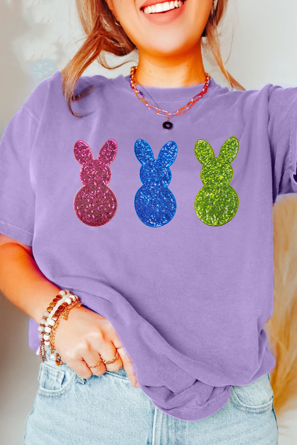 Wisteria Easter Shiny Bunny Graphic Crewneck T Shirt Graphic Tees JT's Designer Fashion