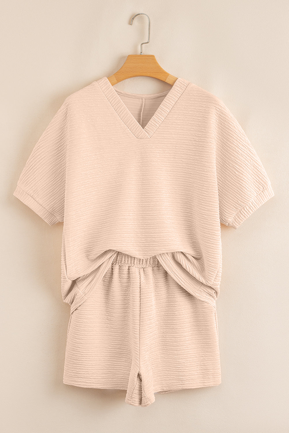 Apricot Textured V Neck T Shirt and Shorts Set Short Sets JT's Designer Fashion