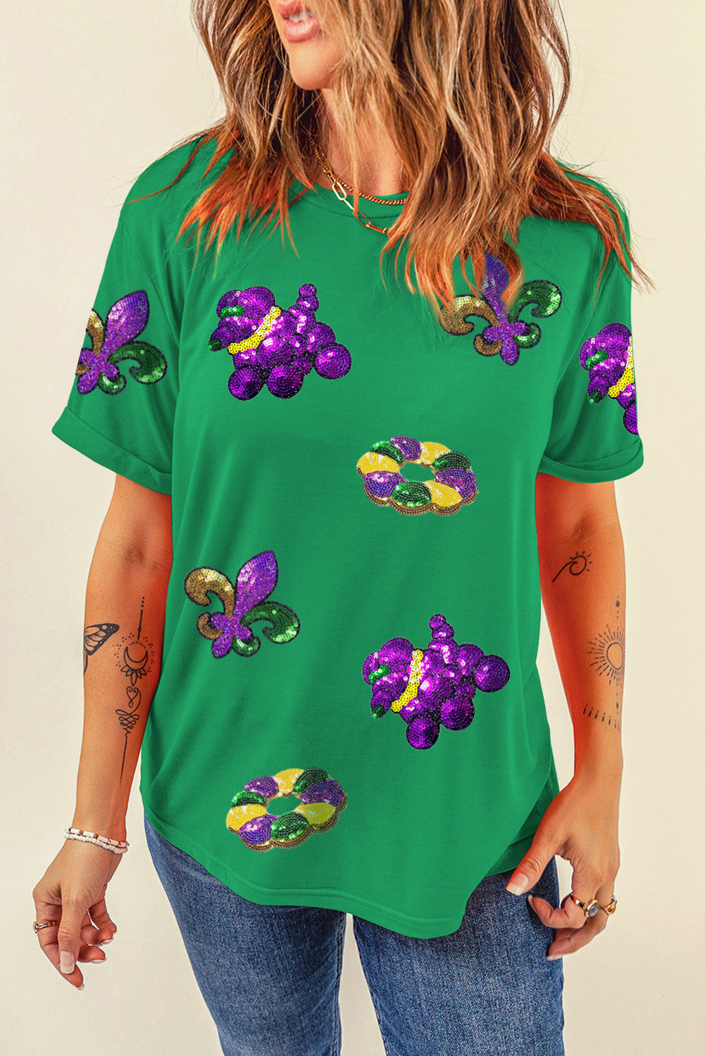 Bright Green Mardi Gras Sequin Patched Graphic Tee Graphic Tees JT's Designer Fashion