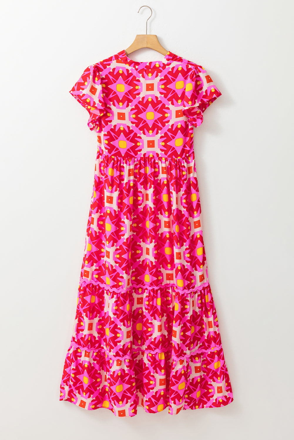 Strawberry Pink Geo Print V-neck Long Dress Maxi Dresses JT's Designer Fashion