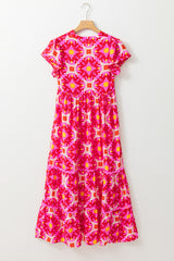 Strawberry Pink Geo Print V-neck Long Dress Maxi Dresses JT's Designer Fashion