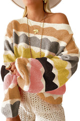 Yellow Wave Striped Balloon Sleeve Drop Shoulder Sweater Sweaters JT's Designer Fashion
