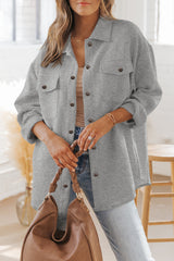 Gray Solid Textured Flap Pocket Buttoned Shacket Gray 95%Polyester+5%Elastane Jackets JT's Designer Fashion