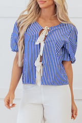 Blue Stripe Tied Front Puff Short Sleeve Blouse Blouses & Shirts JT's Designer Fashion