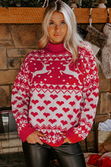 Fiery Red Merry Christmas Reindeer Heart Pattern High Neck Sweater Sweaters JT's Designer Fashion
