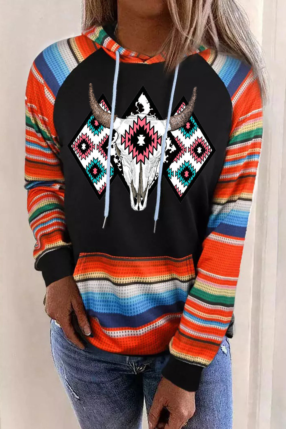 Multicolor Western Steer Head Aztec Serape Patchwork Pocketed Hoodie Multicolor 95%Polyester+5%Elastane Graphic Sweatshirts JT's Designer Fashion