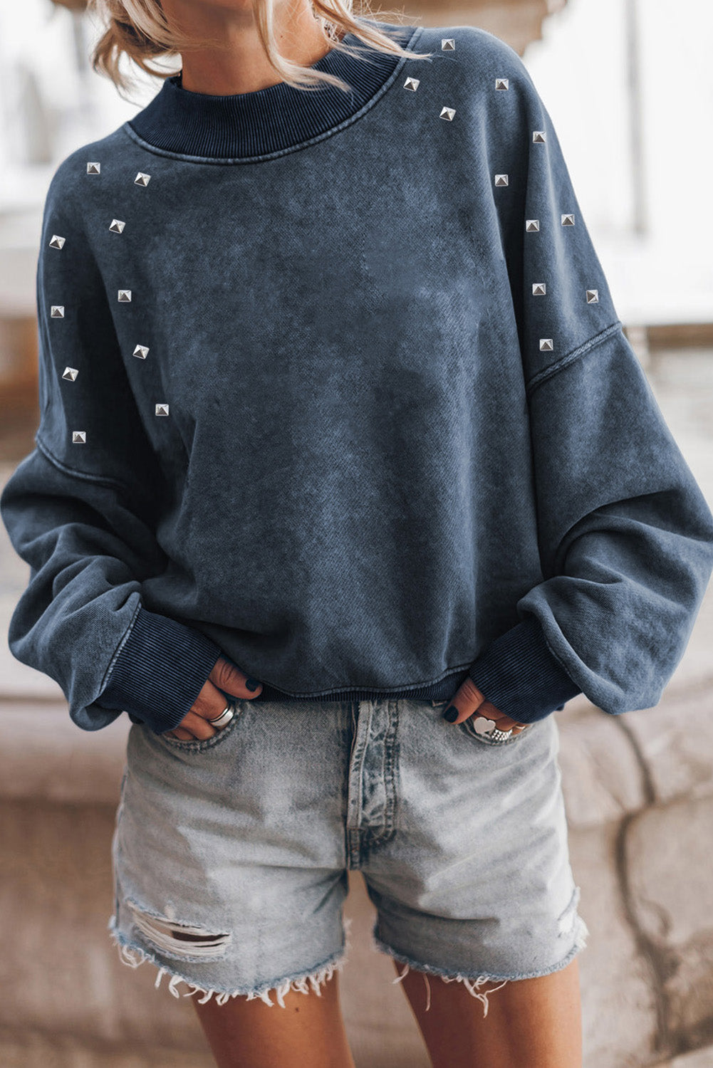Sky Blue Beads Stud Drop Shoulder Loose Sweatshirt Sky Blue 75%Polyester+25%Cotton Graphic Sweatshirts JT's Designer Fashion