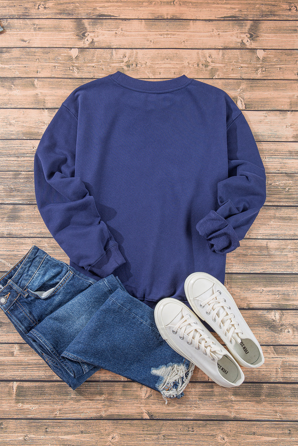 Navy Blue Plain Drop Shoulder Crewneck Pullover Sweatshirt Sweatshirts & Hoodies JT's Designer Fashion