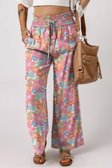 Pink Floral Smocked Waist Loose Pants Bottoms JT's Designer Fashion
