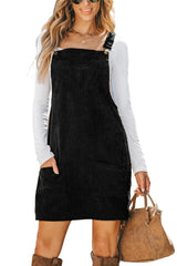 Black Solid Front Pockets Sleeveless Corduroy Overall Dress Mini Dresses JT's Designer Fashion