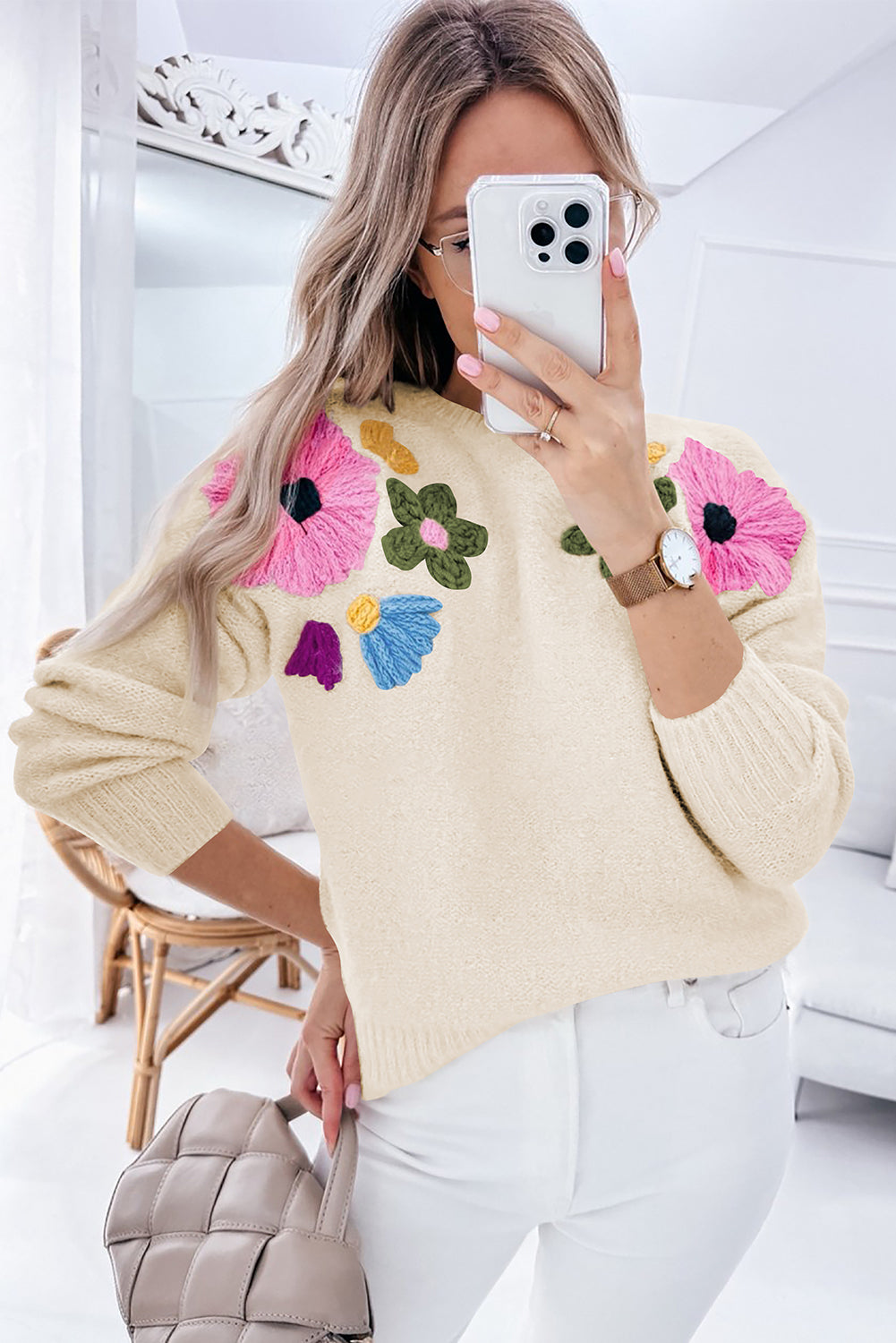 Beige Knitted Flower Pattern Ribbed Edge Sweater Sweaters JT's Designer Fashion
