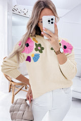 Beige Knitted Flower Pattern Ribbed Edge Sweater Sweaters JT's Designer Fashion