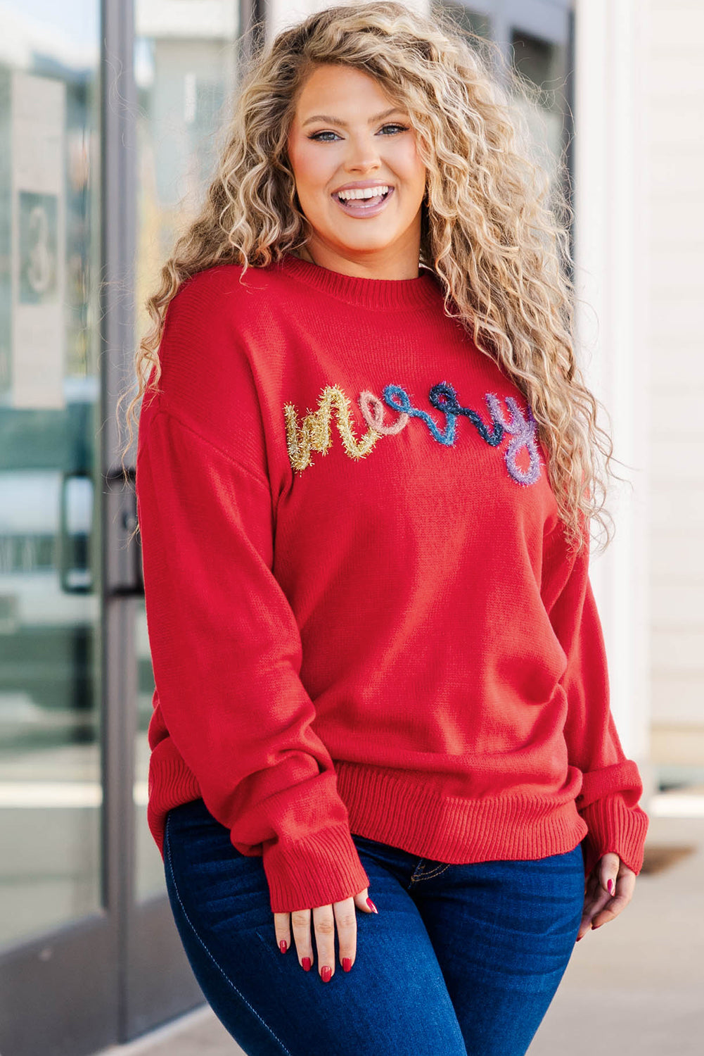 Fiery Red Tinsel merry Pattern Drop Shoulder Plus Size Sweater Plus Size Sweaters & Cardigans JT's Designer Fashion
