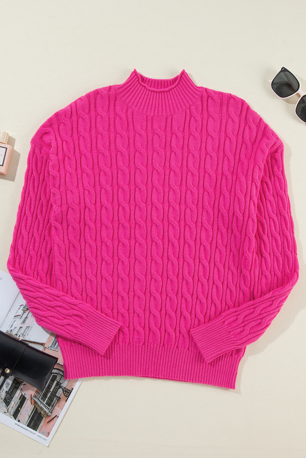 Rose Red Solid Cable Knit High Neck Drop Shoulder Sweater Sweaters JT's Designer Fashion