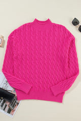 Rose Red Solid Cable Knit High Neck Drop Shoulder Sweater Sweaters JT's Designer Fashion