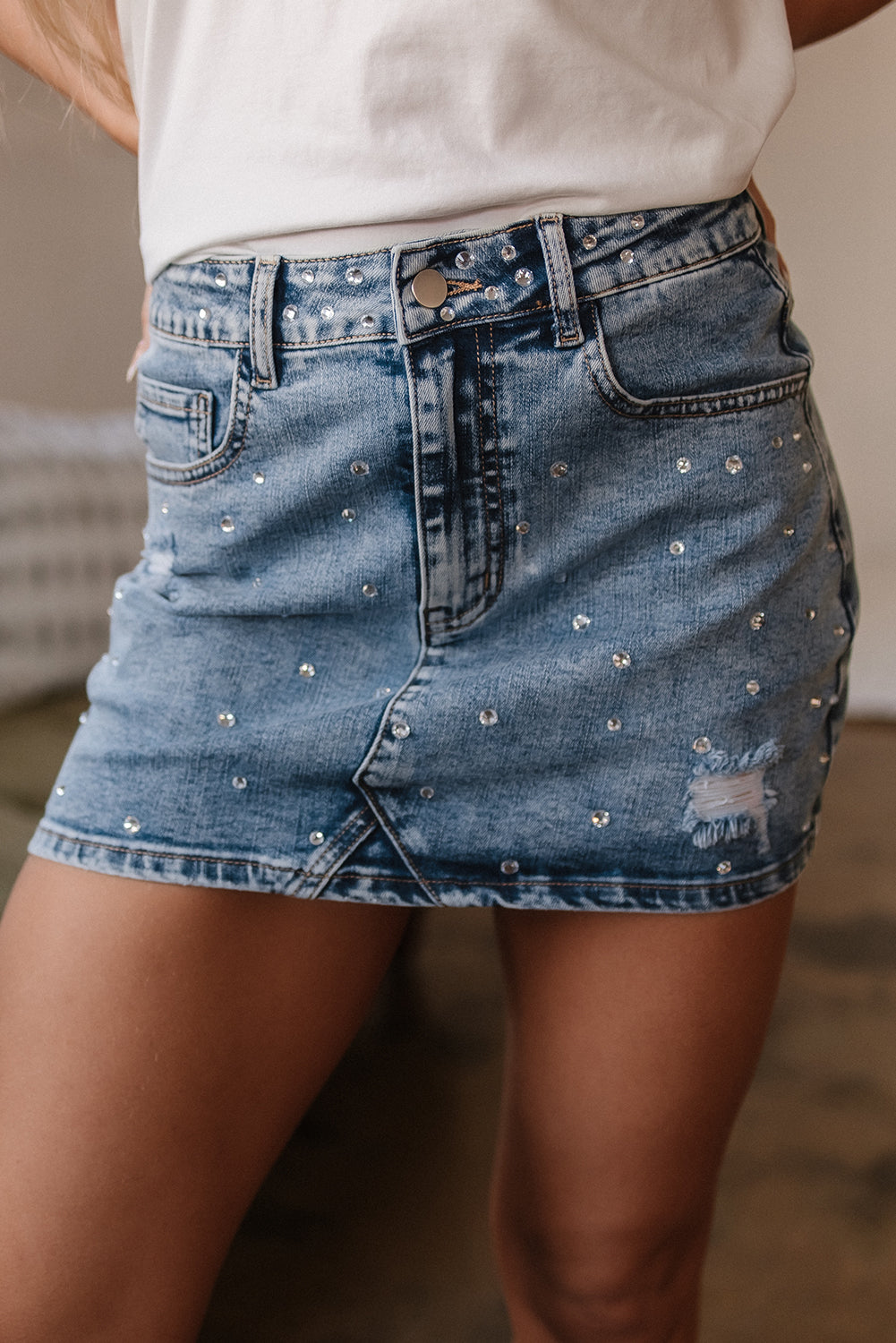 Dusk Blue Rhinestone Distressed Denim High Waist Mini Skirt Dusk Blue 93%Cotton+5%polyester+2%Elastane Skirts & Petticoat JT's Designer Fashion
