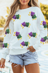 White Sequined Mardi Gras Mask Pattern Drop Shoulder Sweatshirt Graphic Sweatshirts JT's Designer Fashion
