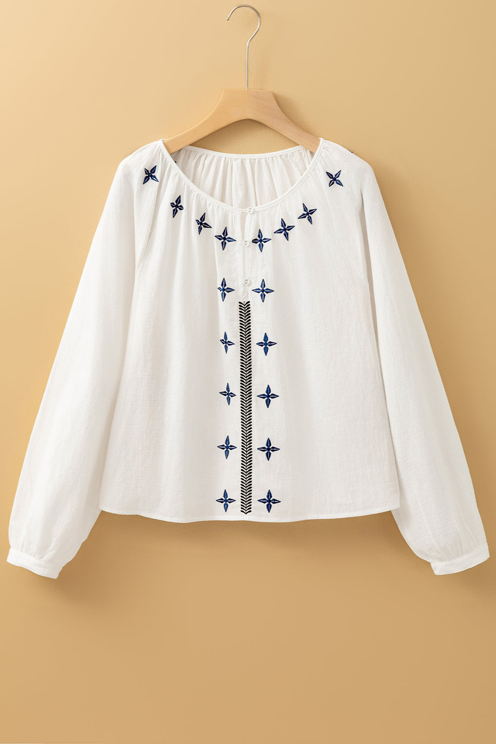 White Geometric Embroidered Long Sleeve Buttoned Blouse Blouses & Shirts JT's Designer Fashion