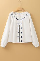 White Geometric Embroidered Long Sleeve Buttoned Blouse Blouses & Shirts JT's Designer Fashion