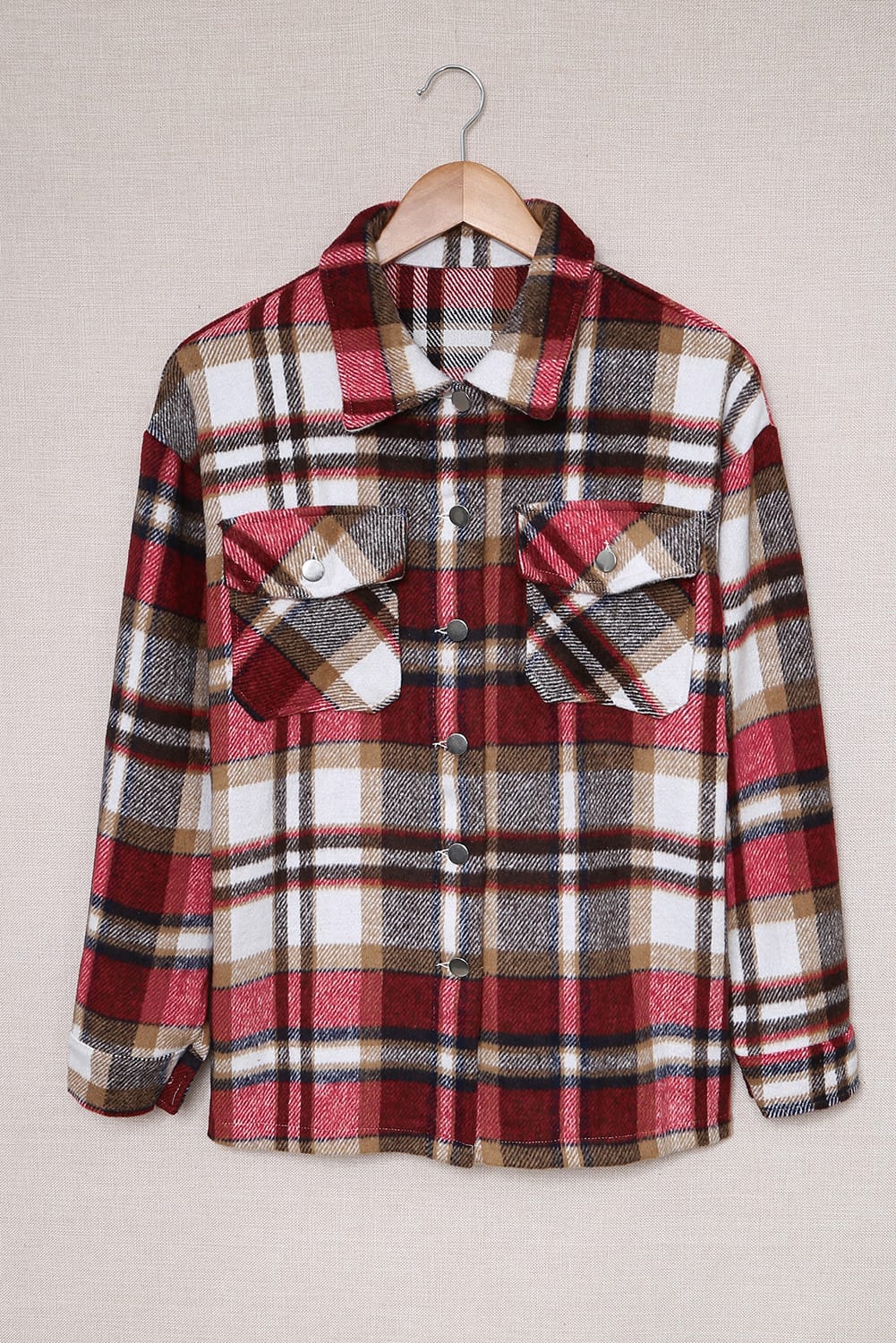 Fiery Red Geometric Plaid Print Pocketed Shacket Plaid Shackets JT's Designer Fashion