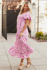 Pink Dainty Floral Smocked Puff Sleeve Flowy Long Dress Maxi Dresses JT's Designer Fashion