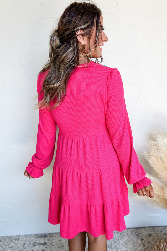 Rose Red Colorful Crochet V Neck Textured Tiered Ruffled Long Sleeve Mini Dress Mini Dresses JT's Designer Fashion