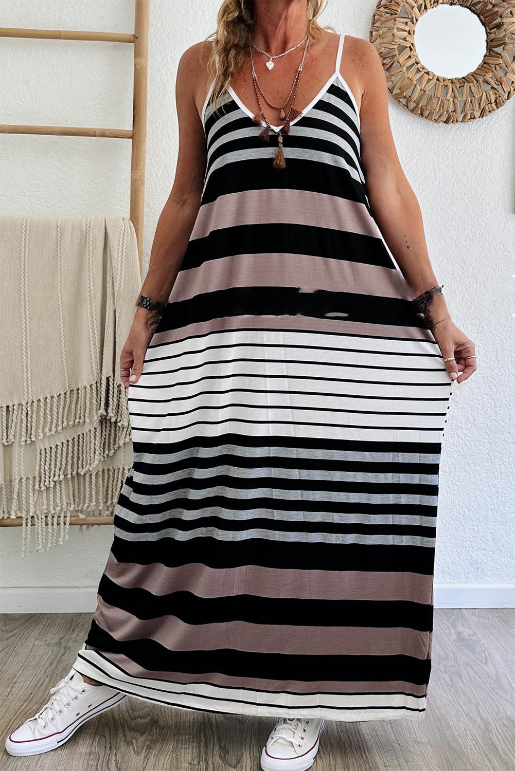Multicolour Mixed Stripes Spaghetti Straps V Neck Maxi Dress Dresses JT's Designer Fashion