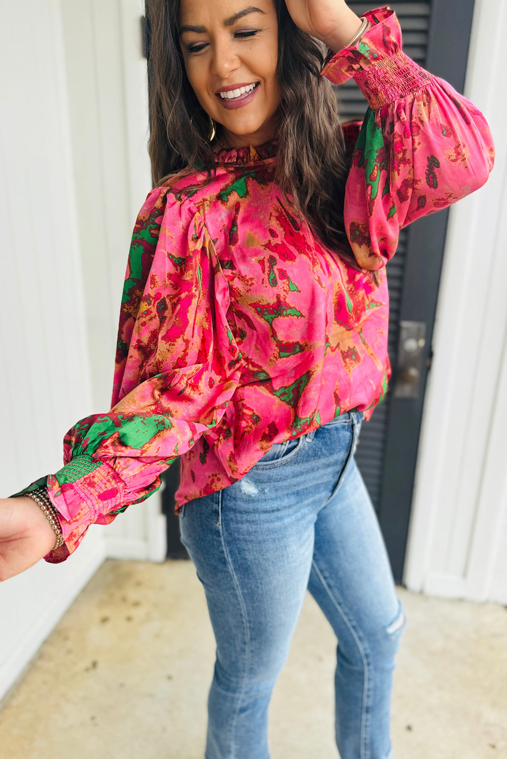 Rose Abstract Print Frilly Neckline Puff Sleeve Blouse Blouses & Shirts JT's Designer Fashion