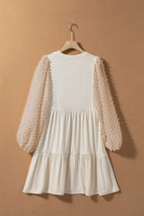 Beige Embellished Puff Sleeve Tiered A-line Dress Mini Dresses JT's Designer Fashion