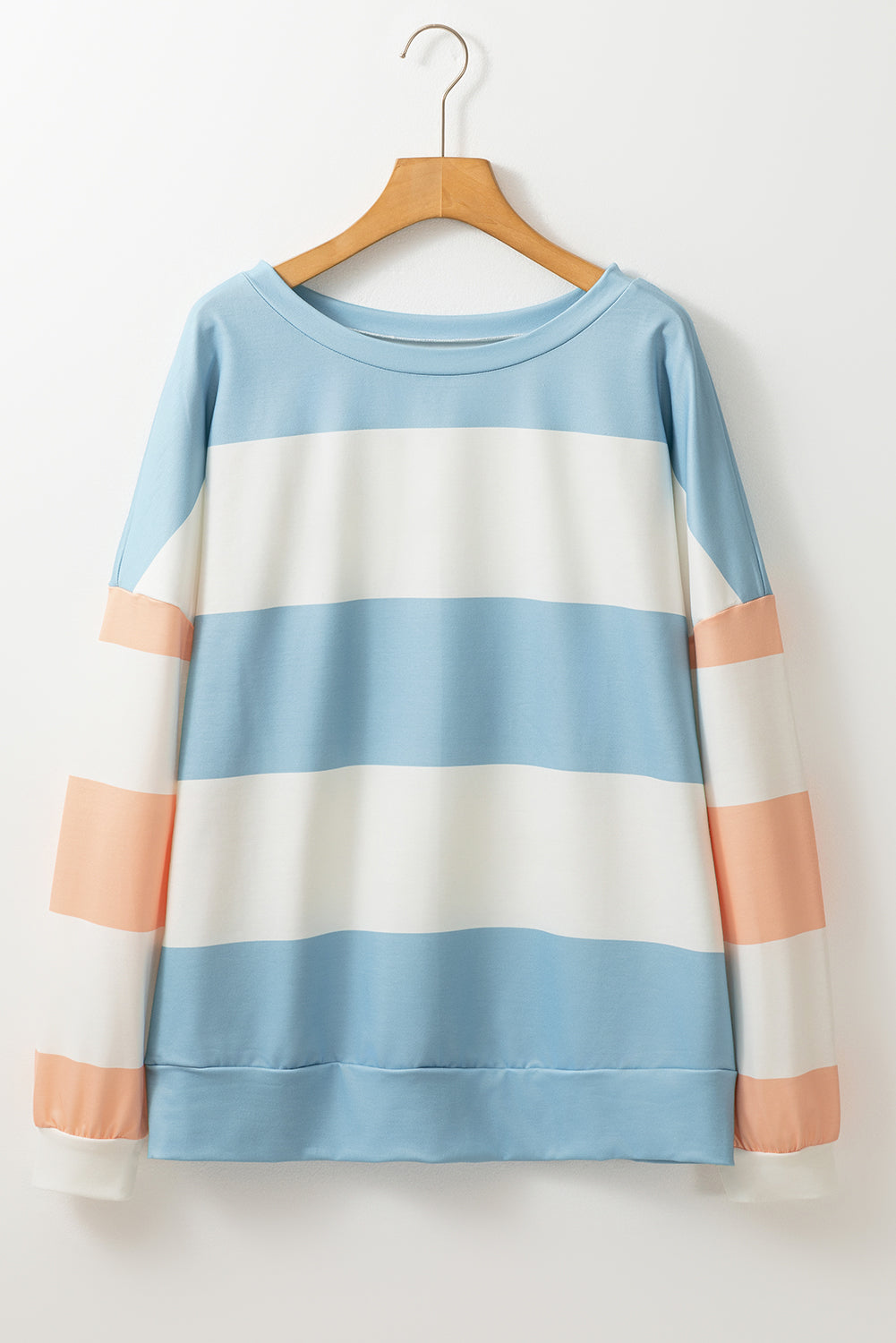 Light Blue Colorblock Striped Drop Shoulder Long Sleeve Top Long Sleeve Tops JT's Designer Fashion