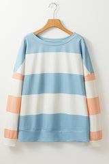 Light Blue Colorblock Striped Drop Shoulder Long Sleeve Top Long Sleeve Tops JT's Designer Fashion