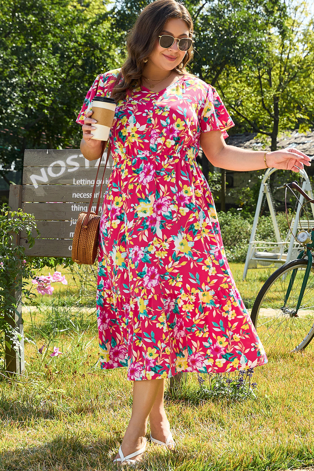 Pink Floral Print V Neck Pocketed High Waist Plus Size Midi Dress Plus Size Midi Dresses JT's Designer Fashion
