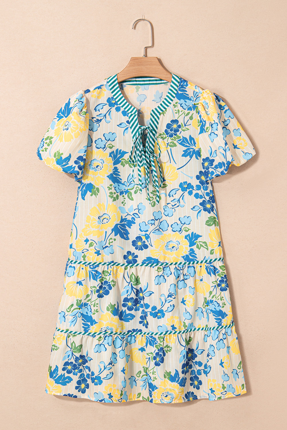 Blue Floral Striped Trim Puff Short Sleeve Dress Floral Dresses JT's Designer Fashion
