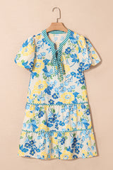Blue Floral Striped Trim Puff Short Sleeve Dress Floral Dresses JT's Designer Fashion