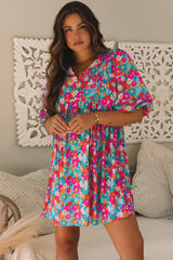 Sky Blue Floral Print Tie Split Neck Bubble Sleeve Babydoll Dress Floral Dresses JT's Designer Fashion