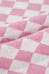 Pink Checkered Buttons Collar V Neck Drop Shoulder Sweater Sweaters JT's Designer Fashion