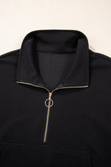 Black Textured Half Zip Kangaroo Pocket Top Drawstring Shorts Set Short Sets JT's Designer Fashion