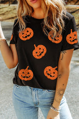 Black Glittering Pumpkin Face Graphic Crewneck Halloween T Shirt Graphic Tees JT's Designer Fashion