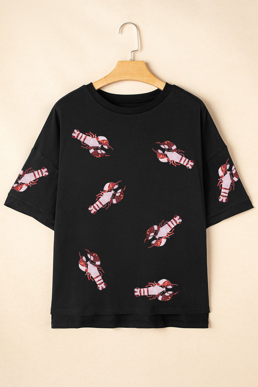 Black Sequin Crayfish Graphic Drop Sleeve High Low Tee Graphic Tees JT's Designer Fashion