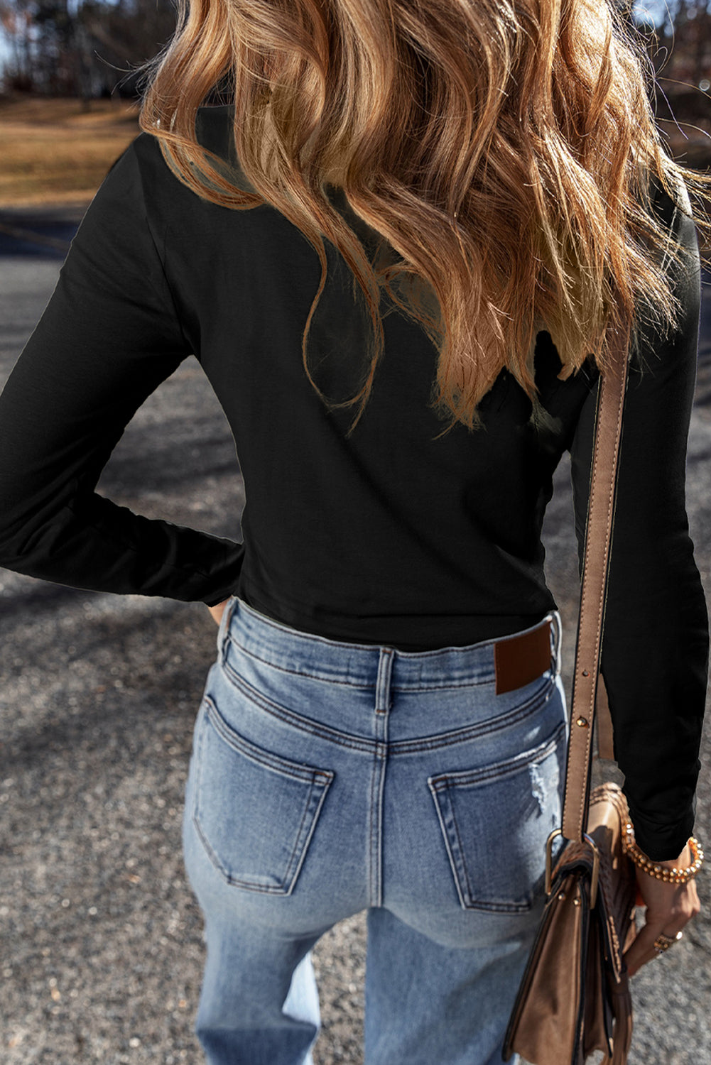 Black Long Sleeve Buttons V Neck Slim Fit Top Long Sleeve Tops JT's Designer Fashion