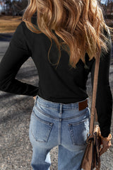 Black Long Sleeve Buttons V Neck Slim Fit Top Long Sleeve Tops JT's Designer Fashion