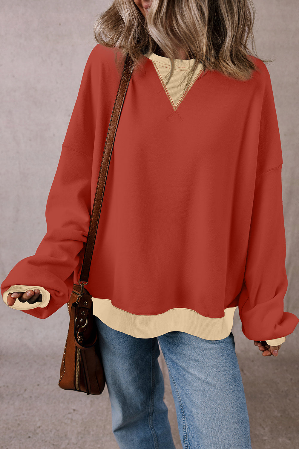 Red Clay Color Block Patch Drop Shoulder Oversized Sweatshirt Sweatshirts & Hoodies JT's Designer Fashion